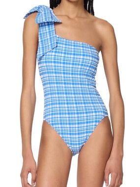Kate Spade Bow One Shoulder One Piece Swimsuit Gingham Blue White NWT